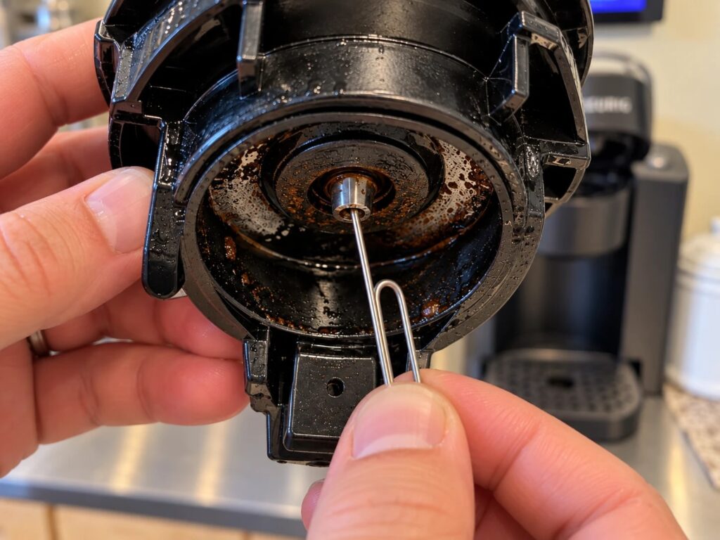 A straightened paper clip worked into the exit needle from the bottom of the pod holder. All that brown residue is old coffee.