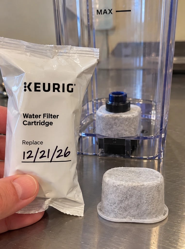 A new cartridge in the reservoir, with the replace-by date written on the wrapper: two months out.