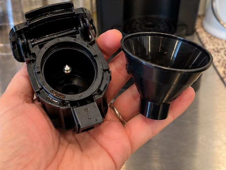 The pod holder popped out with the funnel pulled off. Note the needle in the bottom of the holder.